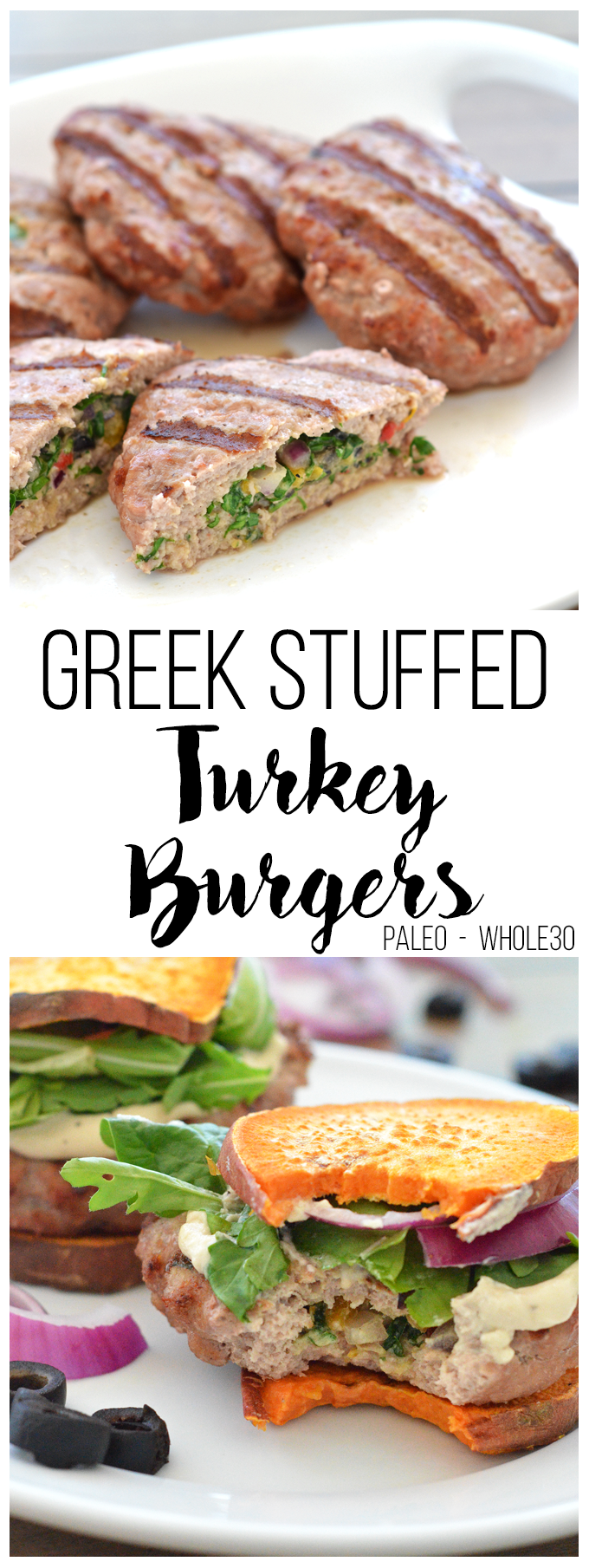 These Greek Stuffed Turkey Burgers are Paleo, Whole30 compliant and packed with greek flavor! Sweet Potato Toast for buns makes this a low card option!