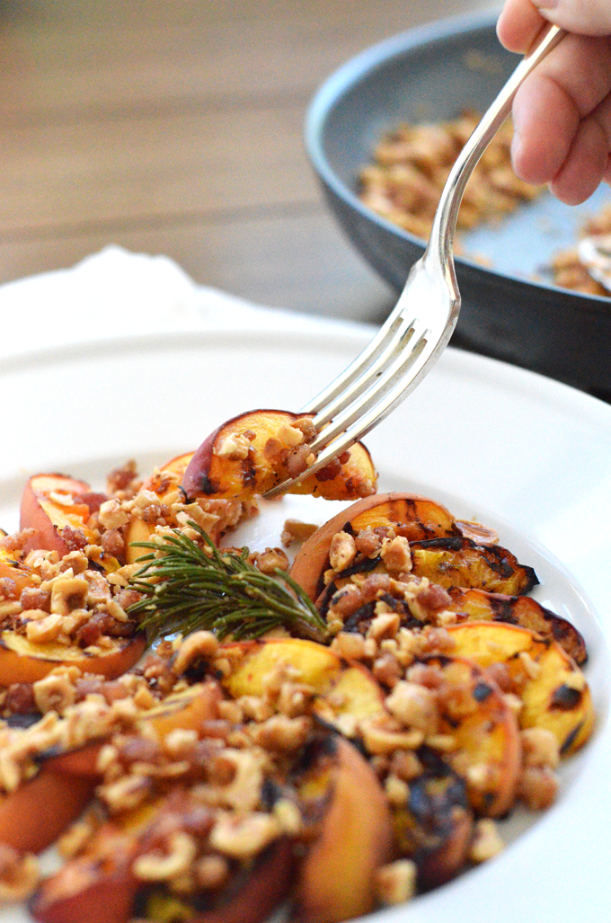 Grilled Peaches with Hazelnut Pancetta Crumble! A perfect summer dessert or appetizer for a dinner party or celebration! A paleo and whole30 option for everyone to enjoy!