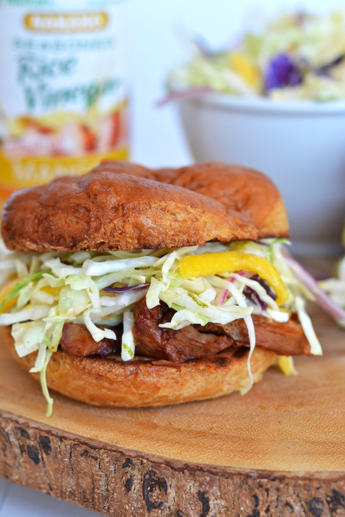 This Mango Jicama Coleslaw is a perfect side dish or topping for a pulled pork sandwich! Nakano Mango Rice Vinegar adds tons of Mango flavor!