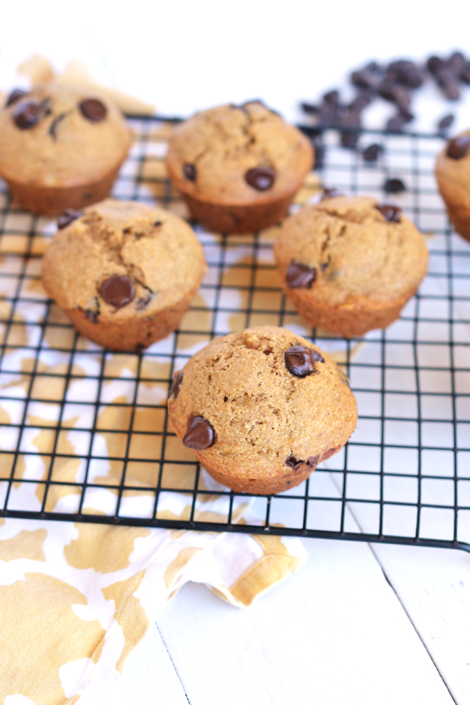 These Whole Wheat Banana Chocolate Chip Muffins are refined sugar free, easy to make and a wholesome snack!