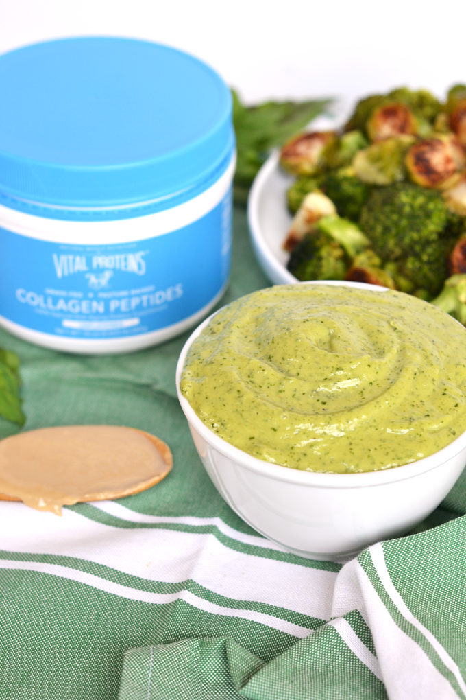 This Pesto Tahini Sauce is Whole30 & Paleo - perfect to top on veggies, meat or use as a dip. It is also packed with Collagen for an extra protein boost!