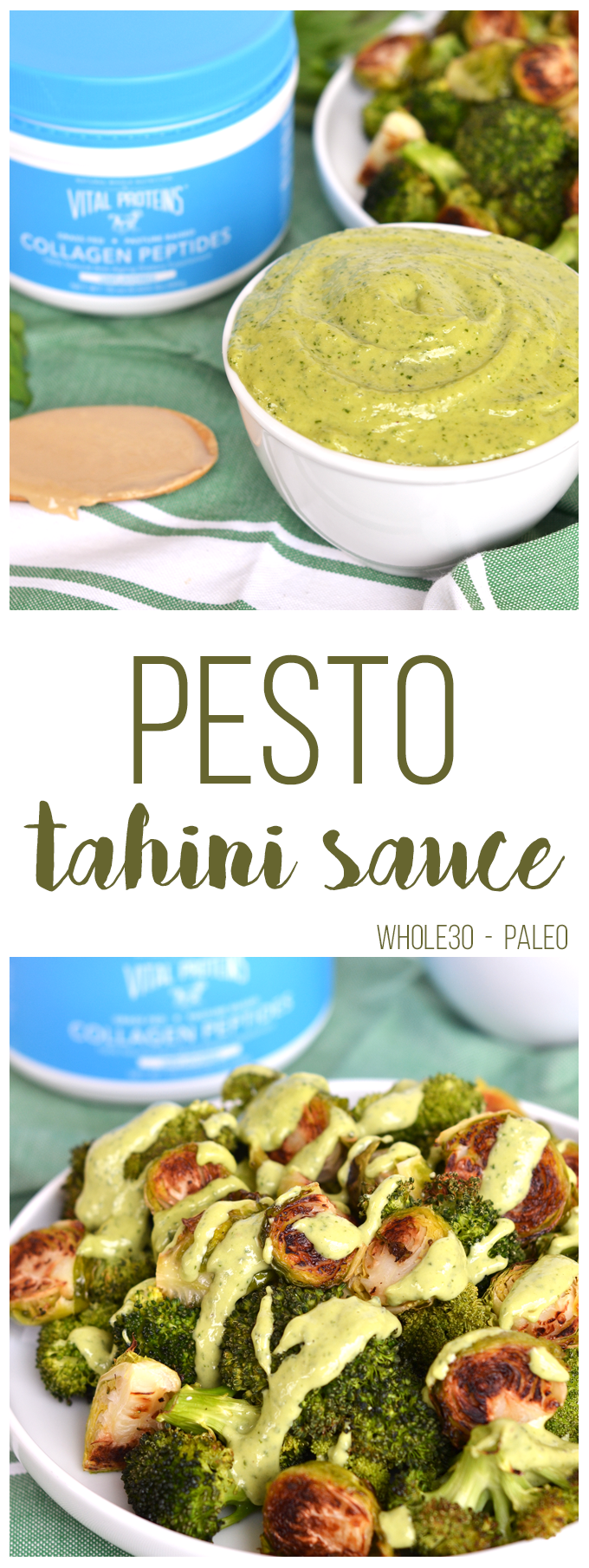 This Pesto Tahini Sauce is Whole30 & Paleo - perfect to top on veggies, meat or use as a dip. It is also packed with Collagen for an extra protein boost!