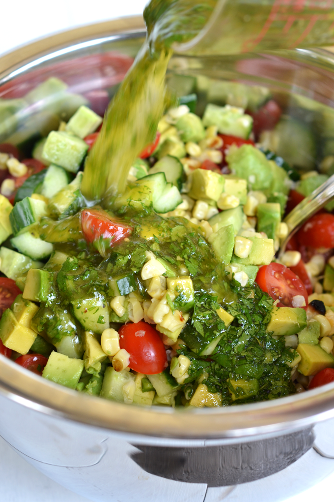 This Grilled Corn and Avocado Salad is the perfect healthy side dish for any party!