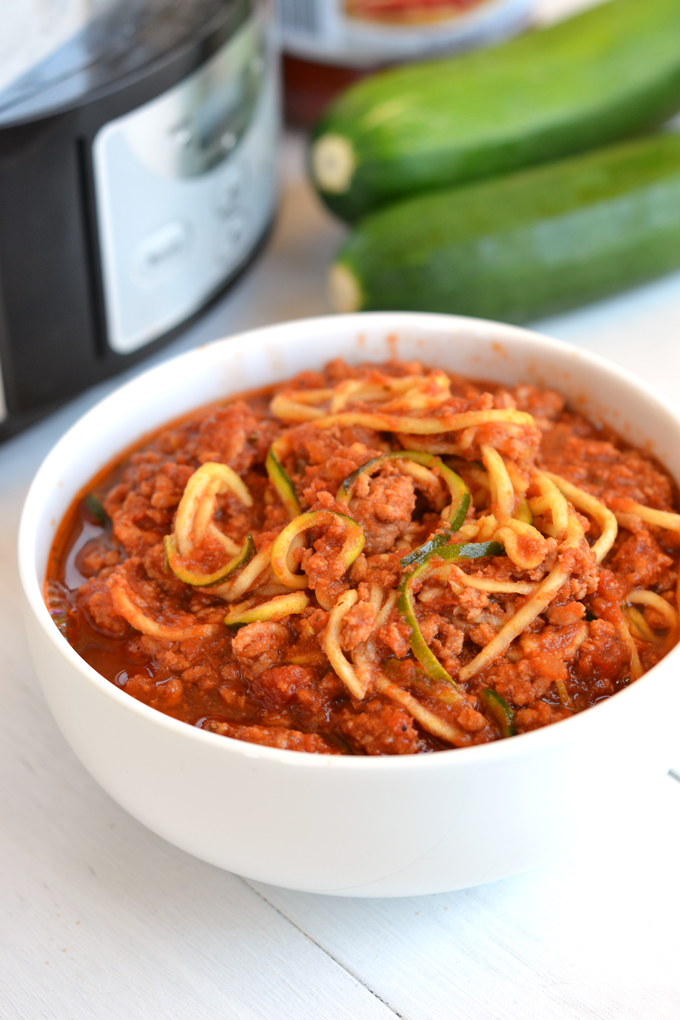 This Slow Cooker Turkey Bolognese and Zucchini Noodles are the perfect quick, easy and healthy weeknight meal! Just a few ingredients and it is Paleo & Whole30 compliant!
