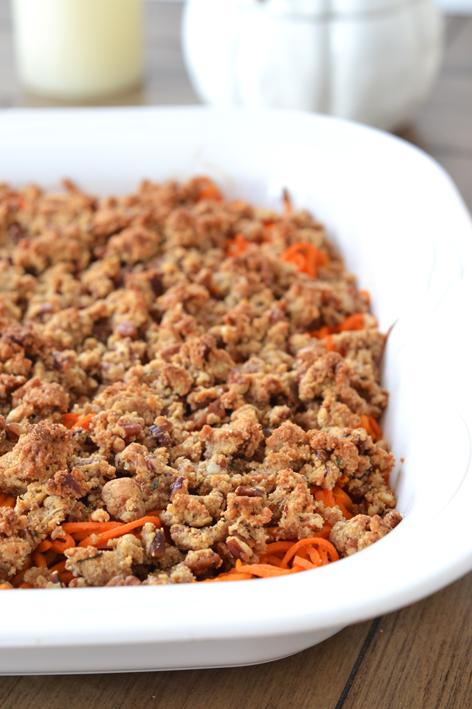 This Spiralized Sweet Potato Casserole w/ Maple Pecan Crumble is the perfect Paleo, grain-free & refined sugar free thanksgiving side dish! It is really perfect for any occasion!