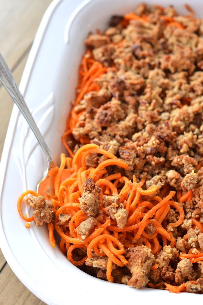 This Spiralized Sweet Potato Casserole w/ Maple Pecan Crumble is the perfect Paleo, grain-free & refined sugar free thanksgiving side dish! It is really perfect for any occasion!