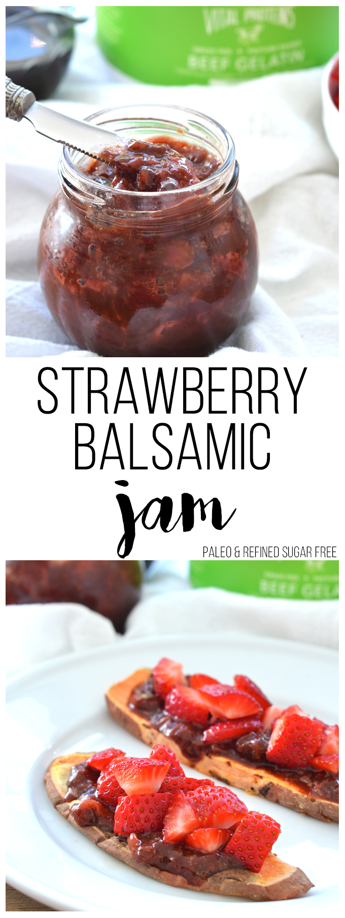 This Strawberry Balsamic Jam is paleo, low in sugar and perfect for sweet potato toast!