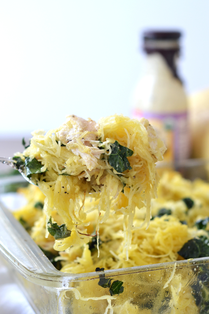 This Chicken Caesar Spaghetti Squash Bake is the perfect quick and healthy weeknight meal! Paleo & Whole30 approved!