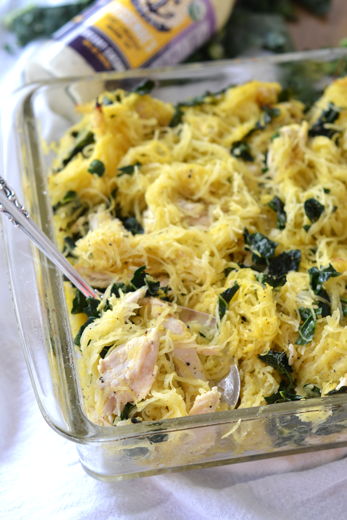 This Chicken Caesar Spaghetti Squash Bake is the perfect quick and healthy weeknight meal! Paleo & Whole30 approved!