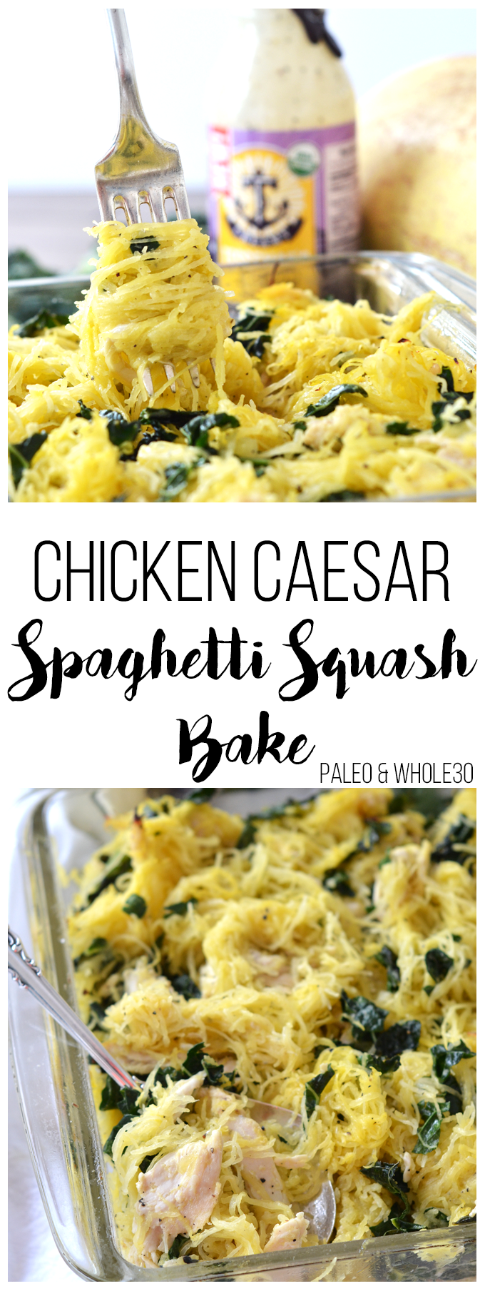 This Chicken Caesar Spaghetti Squash Bake is the perfect quick and healthy weeknight meal! Paleo & Whole30 approved!