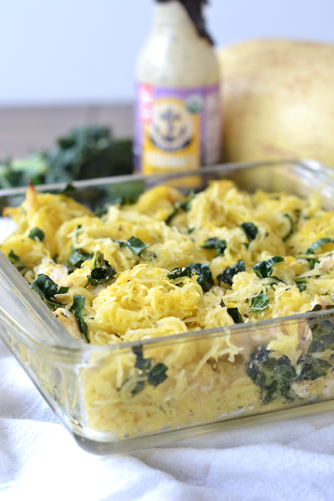 This Chicken Caesar Spaghetti Squash Bake is the perfect quick and healthy weeknight meal! Paleo & Whole30 approved!