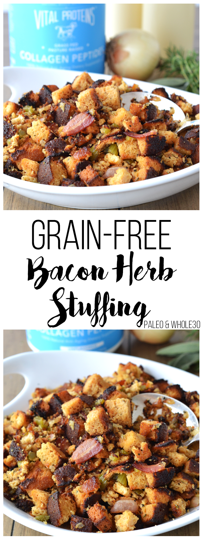 This Grain Free Bacon Herb Stuffing is a great paleo & whole30 stuffing option for thanksgiving!
