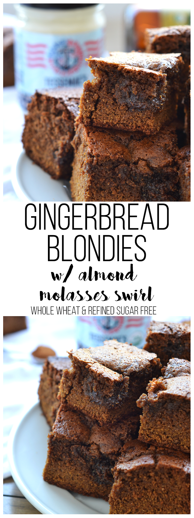 These Gingerbread Blondies had a creamy almond & molasses swirl, are whole wheat and refined sugar free and use super clean Tessemae's Mayonnaise as their fat source!