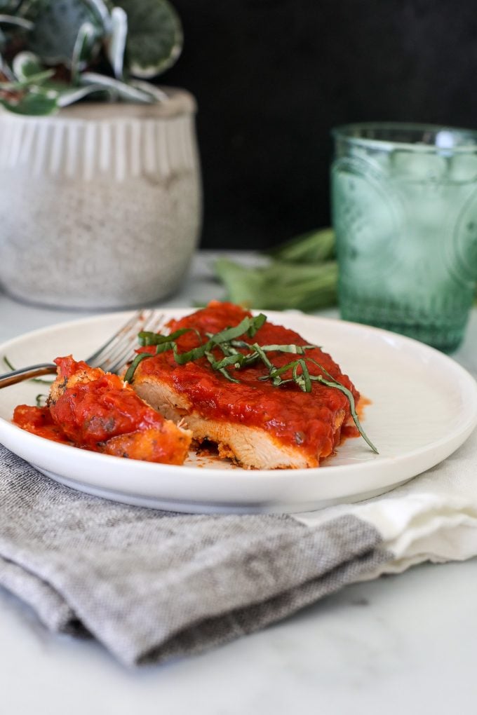 This Cheeseless Chicken Parm is a delicious gluten free and dairy free version of chicken parmesan that you will love!