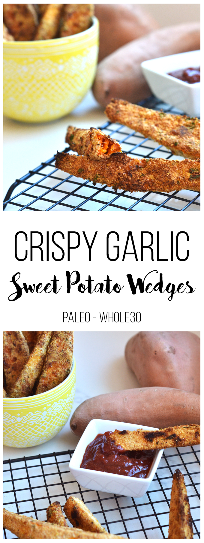 These Crispy Garlic Sweet Potato Wedges are perfect for a super crispy sweet potato fry! They are perfect for a party and are paleo and whole30 approved!