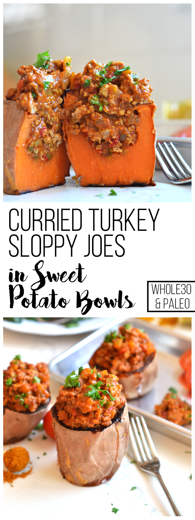 These Curried Turkey Sloppy Joes in Sweet Potato Bowls are the perfect healthy comfort food for your whole30! Packed with nutrients and flavor for a balanced dinner!