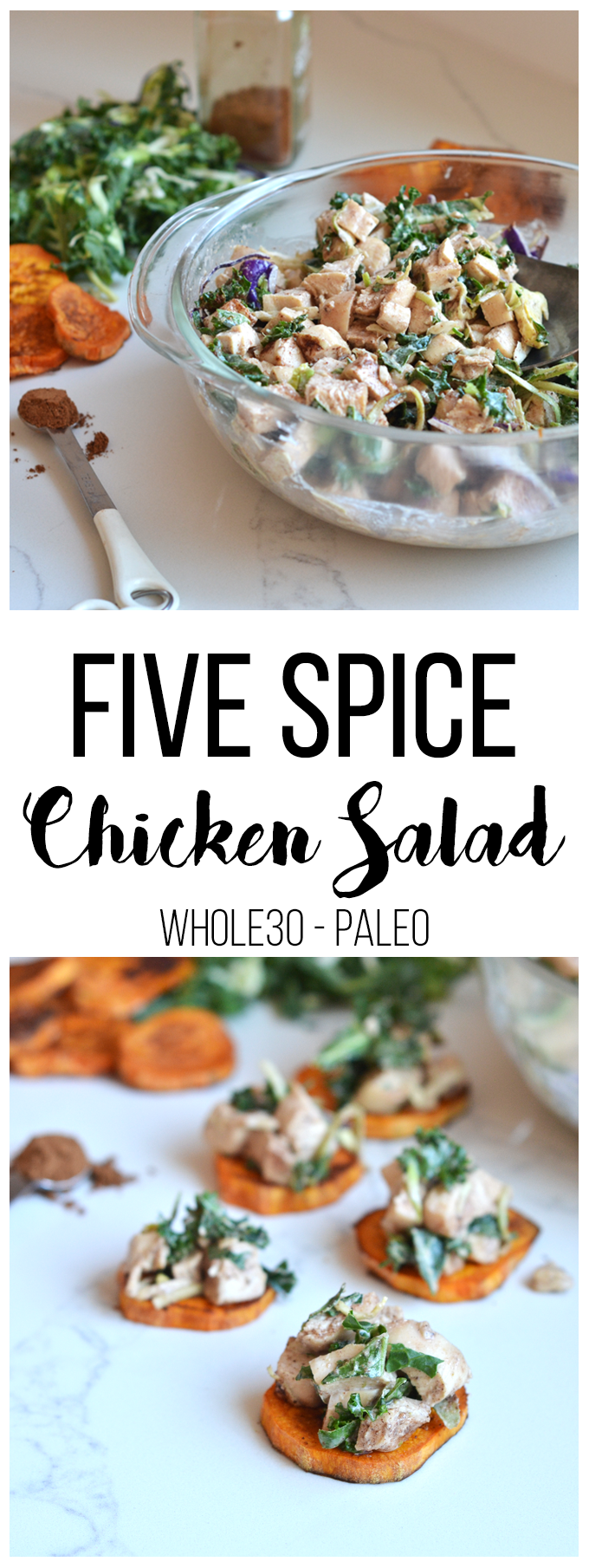 This Five Spice Chicken Salad is the perfect whole30 lunch option you can prep ahead of time and throw on a salad, eat by itself or on sweet potato rounds! Healthy and delicious!