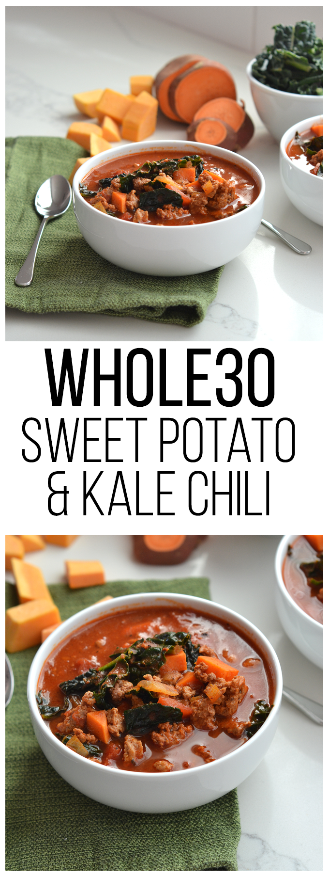 This Sweet Potato & Kale Chili is bean free and whole30 compliant! A healthy bowl perfect for a cold night