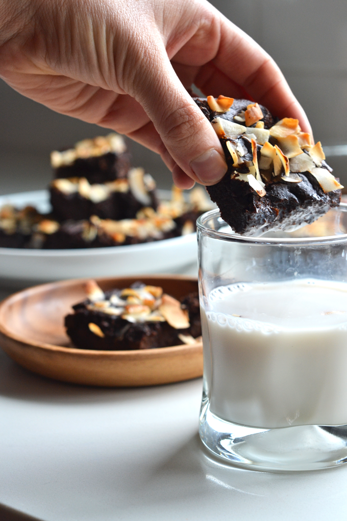 These Coconut Crusted Cacao Brownies are grain free and oil free! The healthy fat comes from avocado and they are sweetened with maple syrup!