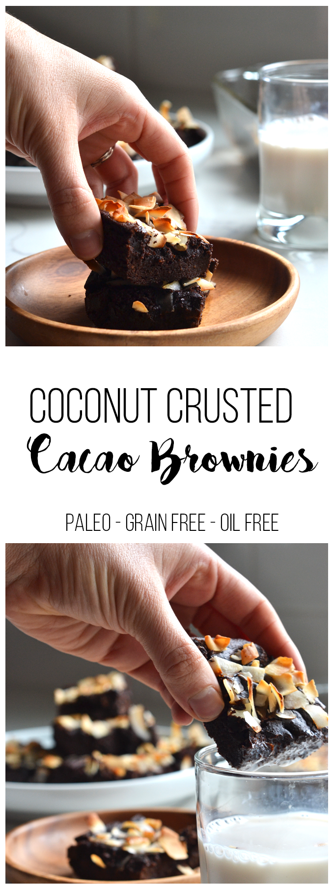These Coconut Crusted Cacao Brownies are grain free and oil free! The healthy fat comes from avocado and they are sweetened with maple syrup!
