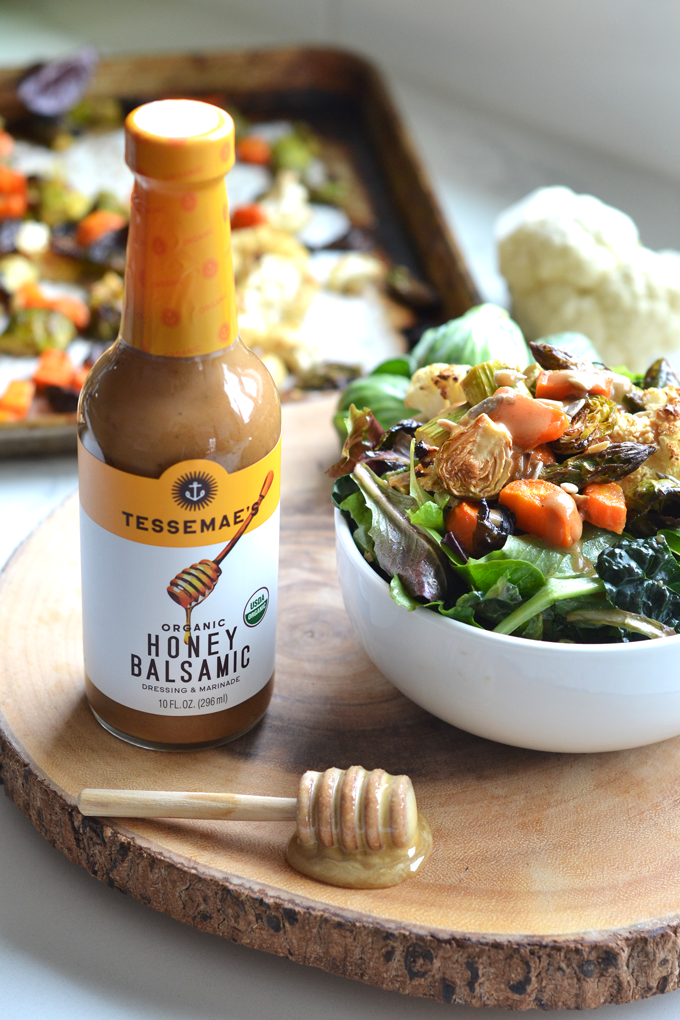 This Honey Balsamic Roasted Veggie Salad is a perfect way to get those vegetables in while tasting delicious! It is a paleo option that is vegetarian but you can easily add meat to make it a full meal!