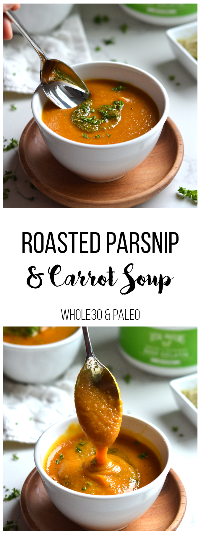 This Roasted Parnsip & Carrot Soup is SO simple to make with few ingredients but so full of flavor! Perfect Paleo & Whole30 meal.