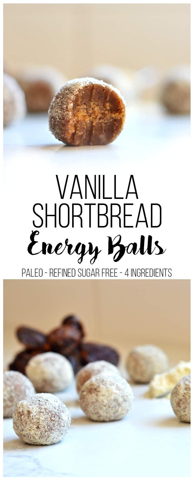 These Vanilla Shortbread Energy Balls recipe is perfect for a paleo snack or dessert that is clean, flavorful and only had 4 ingredients!
