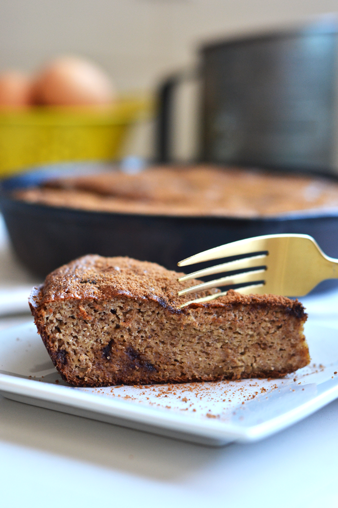 This Churro Banana Bread Skillet Cake is the perfect easter or spring dessert and loved by all ages! Paleo, Grain Free and full of flavor, you would never know it's healthy!