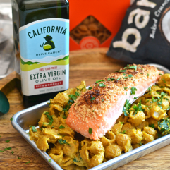 This Coconut Crusted Salmon over Creamy Curry Pasta Recipe is a dairy free and grain free dinner that is healthy and delicious!