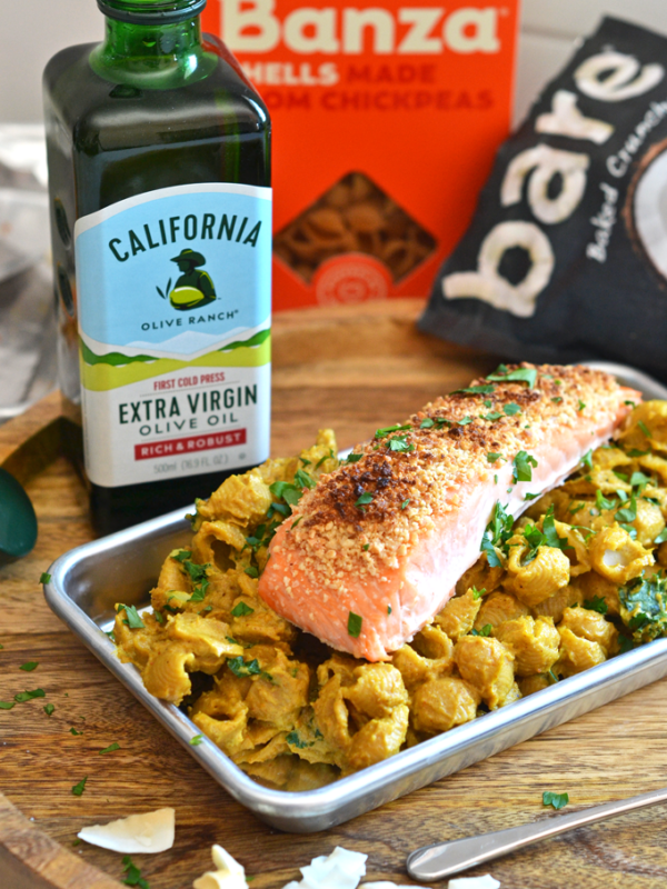 This Coconut Crusted Salmon over Creamy Curry Pasta Recipe is a dairy free and grain free dinner that is healthy and delicious!