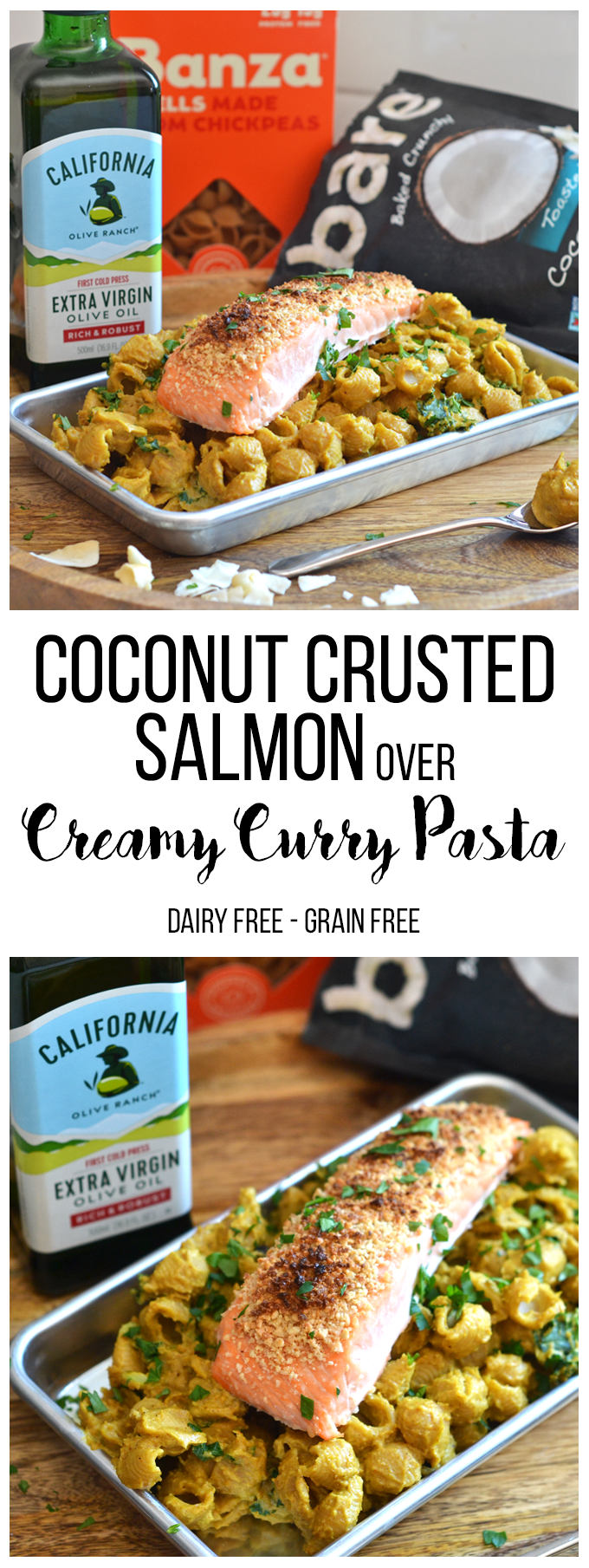 This Cashew Coconut Crusted Salmon over Creamy Curry Pasta Recipe is a dairy free and grain free dinner that is healthy and delicious!