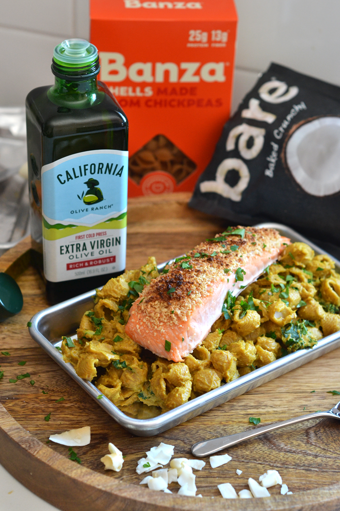 This Cashew Coconut Crusted Salmon over Creamy Curry Pasta Recipe is a dairy free and grain free dinner that is healthy and delicious!
