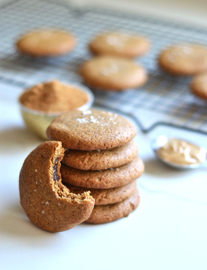 These Chocolate Stuffed Cashew Butter Cookies are a simple, grain free & refined sugar free treat!