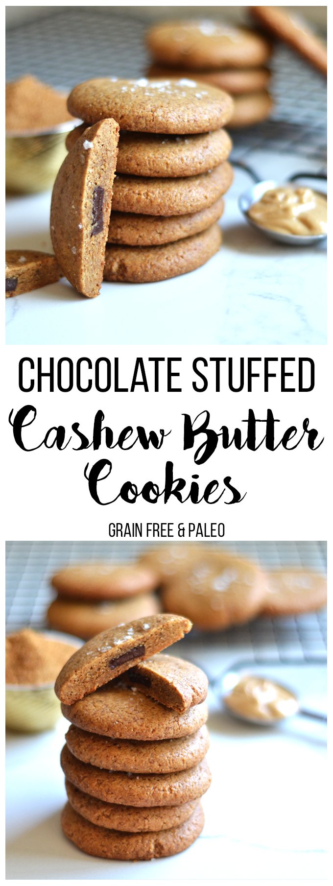 These Chocolate Stuffed Cashew Butter Cookies are a simple, grain free & refined sugar free treat!