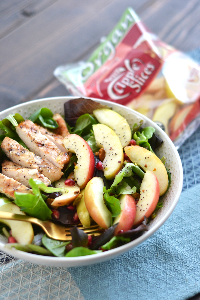 This Grilled Chicken Apple Salad with Lemon Poppyseed Dressing is the perfect spring salad for busy weeknights or weekends! Crunch Pak apples make this super simple to throw together!