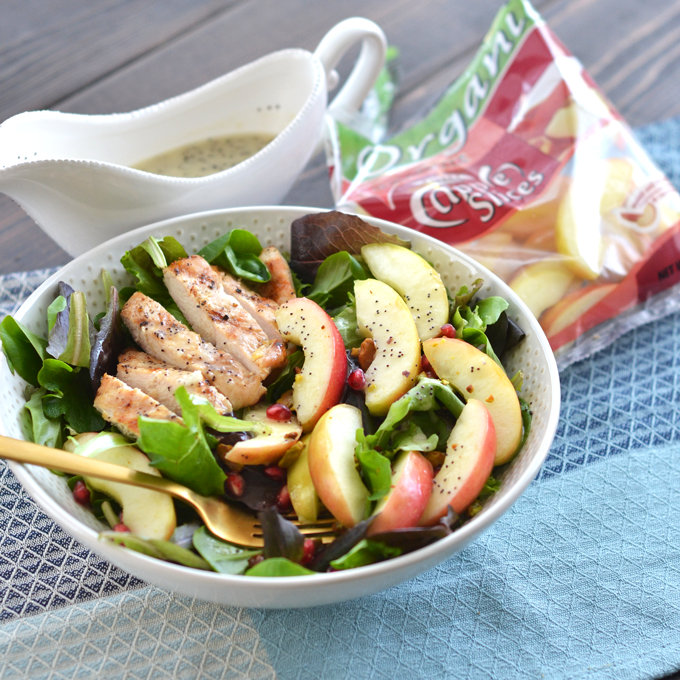 This Grilled Chicken Apple Salad with Lemon Poppyseed Dressing is the perfect spring salad for busy weeknights or weekends! Crunch Pak apples make this super simple to throw together!