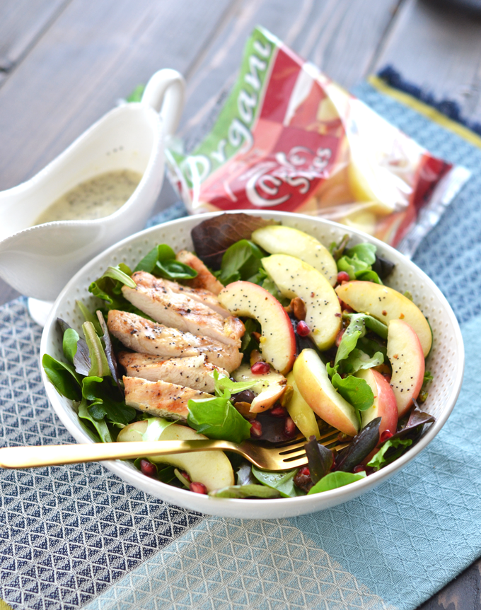 This Grilled Chicken Apple Salad with Lemon Poppyseed Dressing is the perfect spring salad for busy weeknights or weekends! Crunch Pak apples make this super simple to throw together!