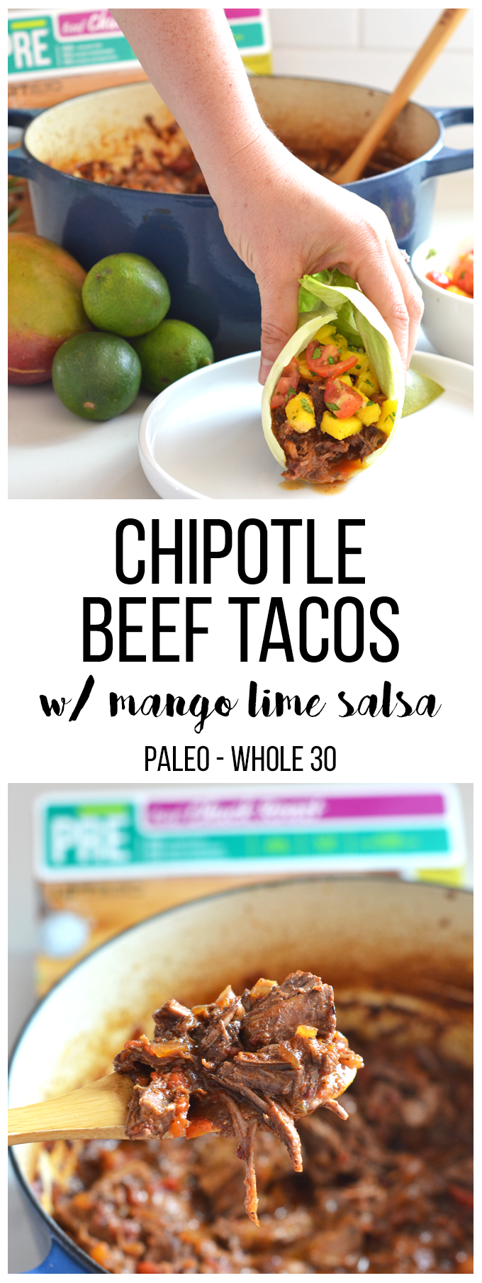 These Chipotle Beef Tacos with Mango Lime Salsa are paleo, Whole30 and so easy to make! You can make them spicy or mild!