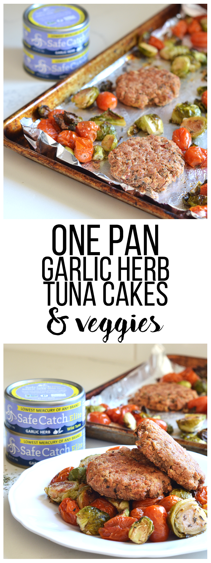 This One Pan Garlic Herb Tuna Cakes and Veggies recipe is a simple way to get a protein and nutrient packed meal in! Whole30 & Paleo with lots of flavor!