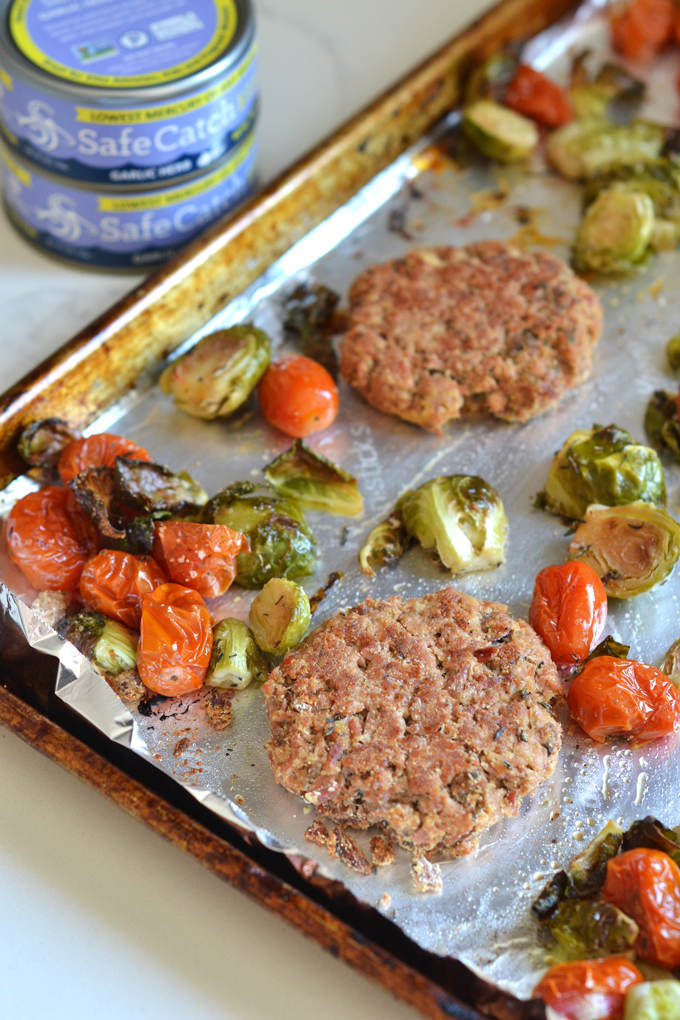 This One Pan Garlic Herb Tuna Cakes and Veggies recipe is a simple way to get a protein and nutrient packed meal in! Whole30 & Paleo with lots of flavor!