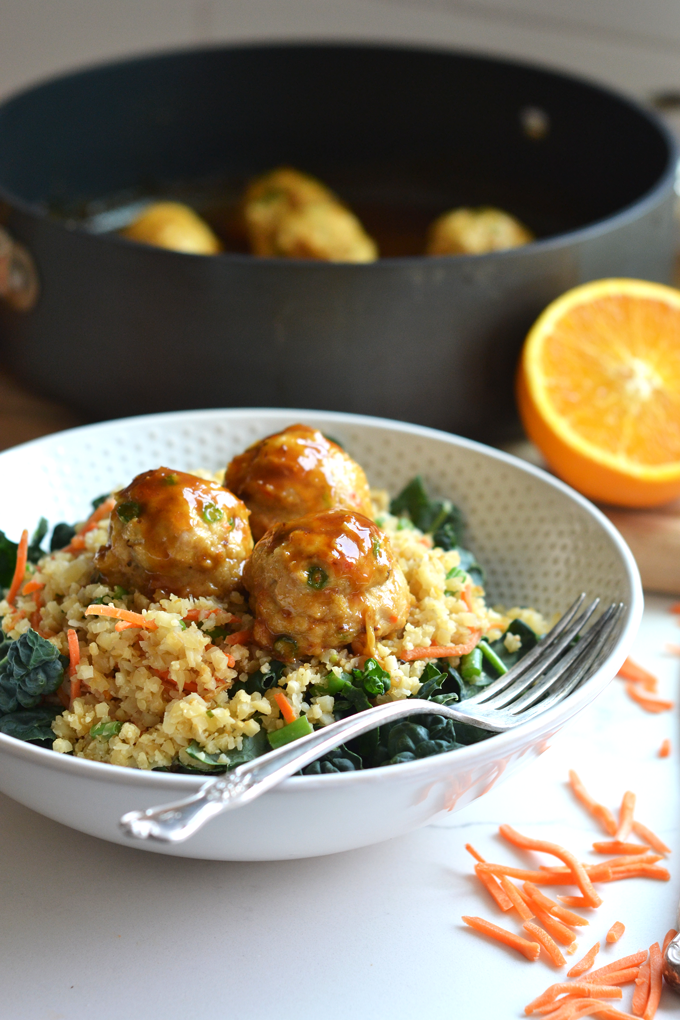 These Orange Chicken Meatballs are perfect for a quick weeknight meal on top of cauliflower fried rice!