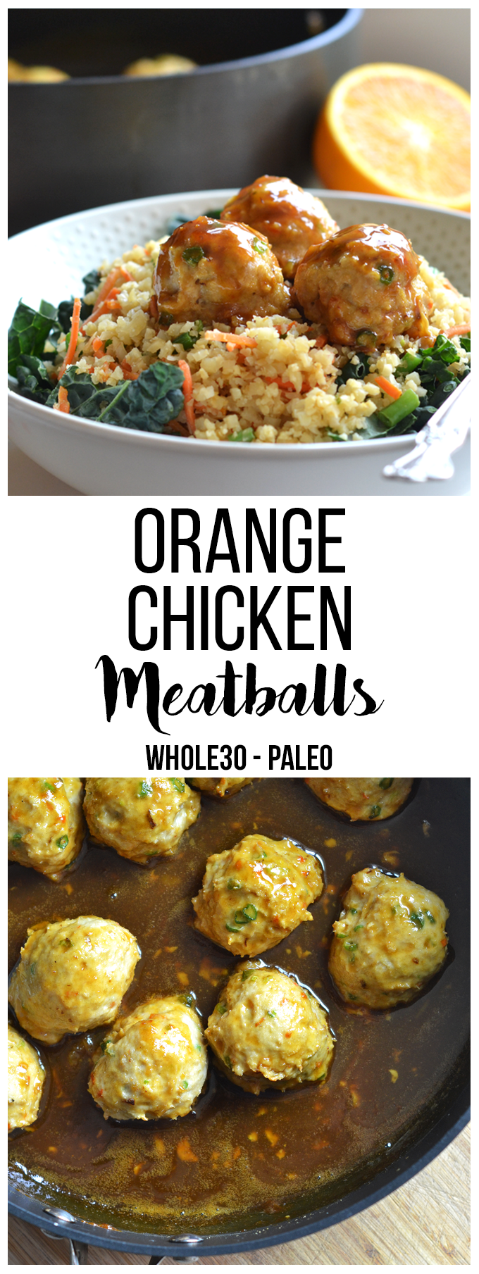 These Orange Chicken Meatballs are perfect for a quick weeknight meal on top of cauliflower fried rice!