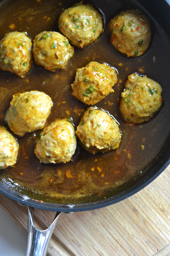 These Orange Chicken Meatballs are perfect for a quick weeknight meal on top of cauliflower fried rice!