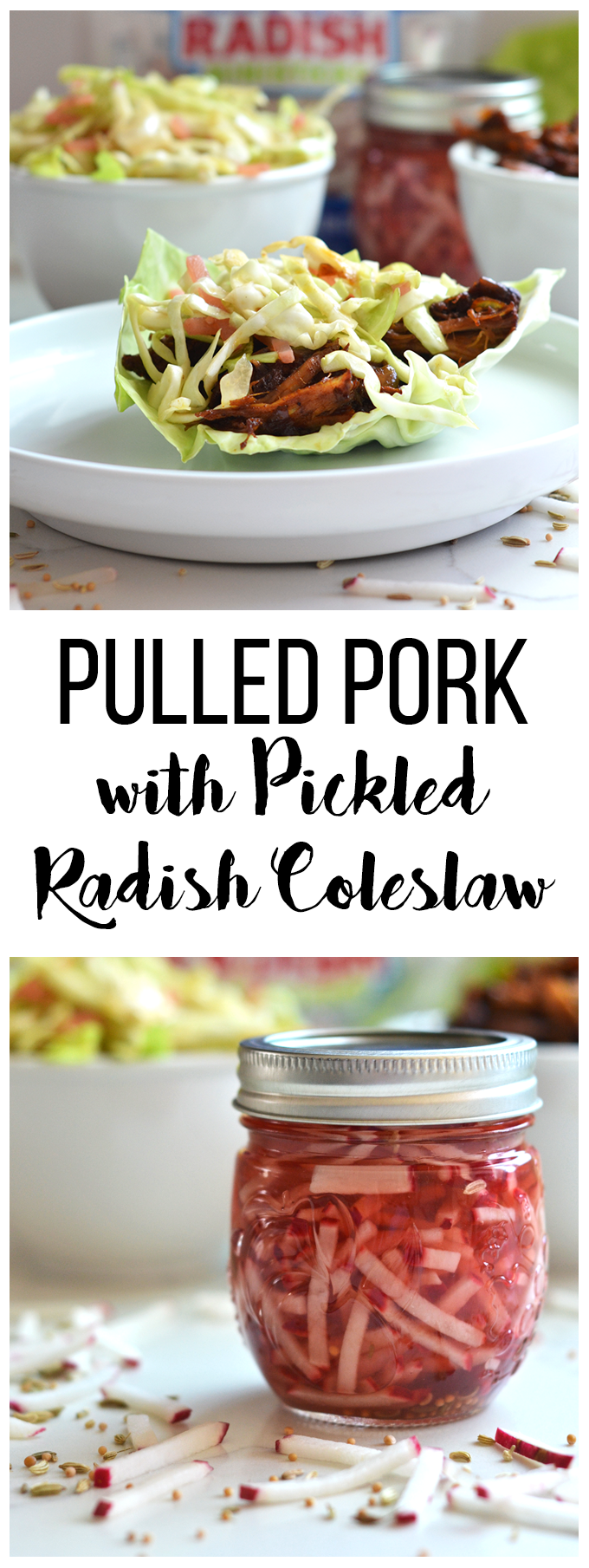 This Pulled Pork with Pickled Radish Coleslaw is a fun meal for spring and summer to preserve and use up those radishes! The pulled pork is full of flavor and comes together in a dutch oven!