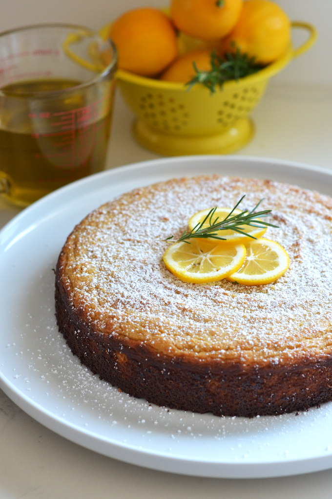 This Rosemary Meyer Lemon Olive Oil Cake is Grain free, refined sugar free and dairy free aka - Paleo! It has such fabulous flavor and is perfect for any party or brunch!