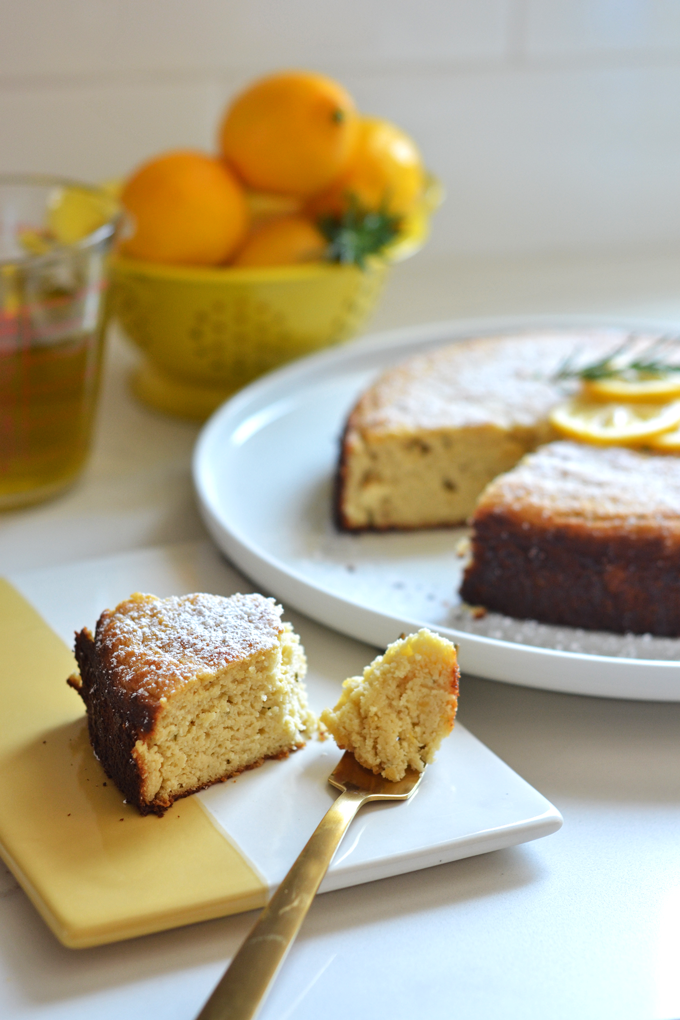 This Rosemary Meyer Lemon Olive Oil Cake is Grain free, refined sugar free and dairy free aka - Paleo! It has such fabulous flavor and is perfect for any party or brunch!