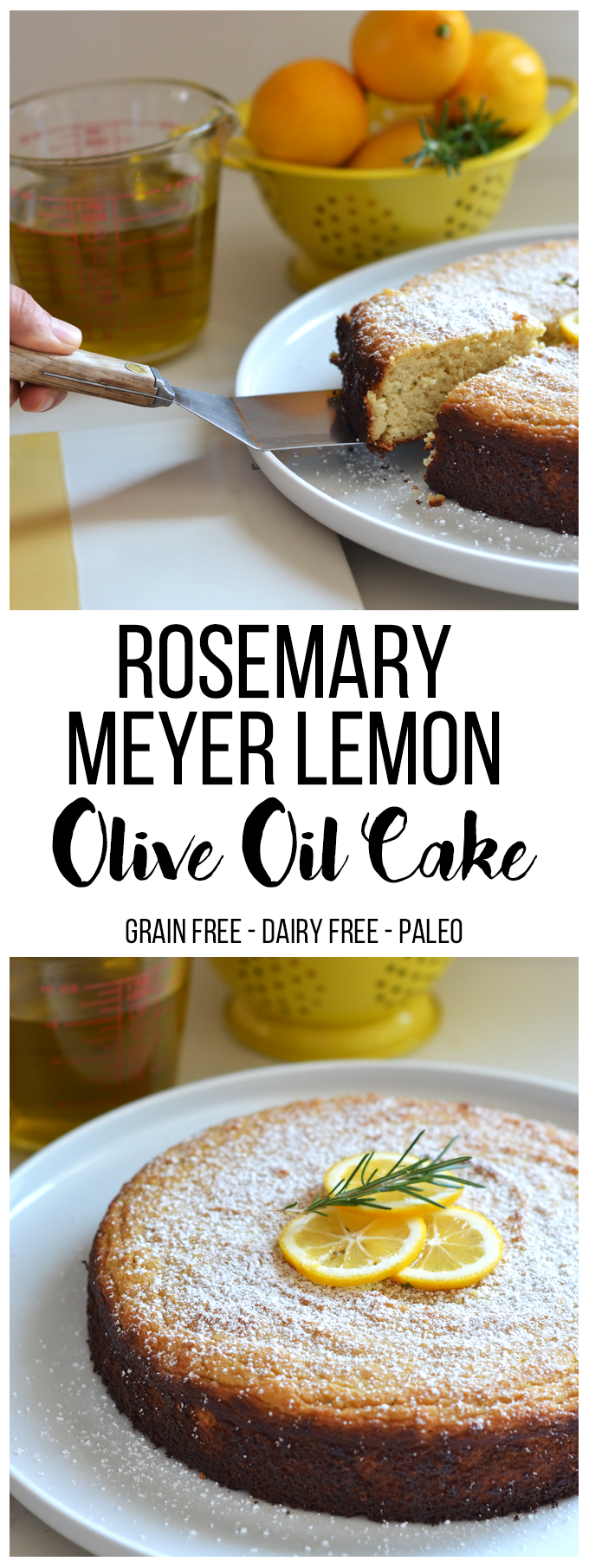 This Rosemary Meyer Lemon Olive Oil Cake is Grain free, refined sugar free and dairy free aka - Paleo! It has such fabulous flavor and is perfect for any party or brunch!