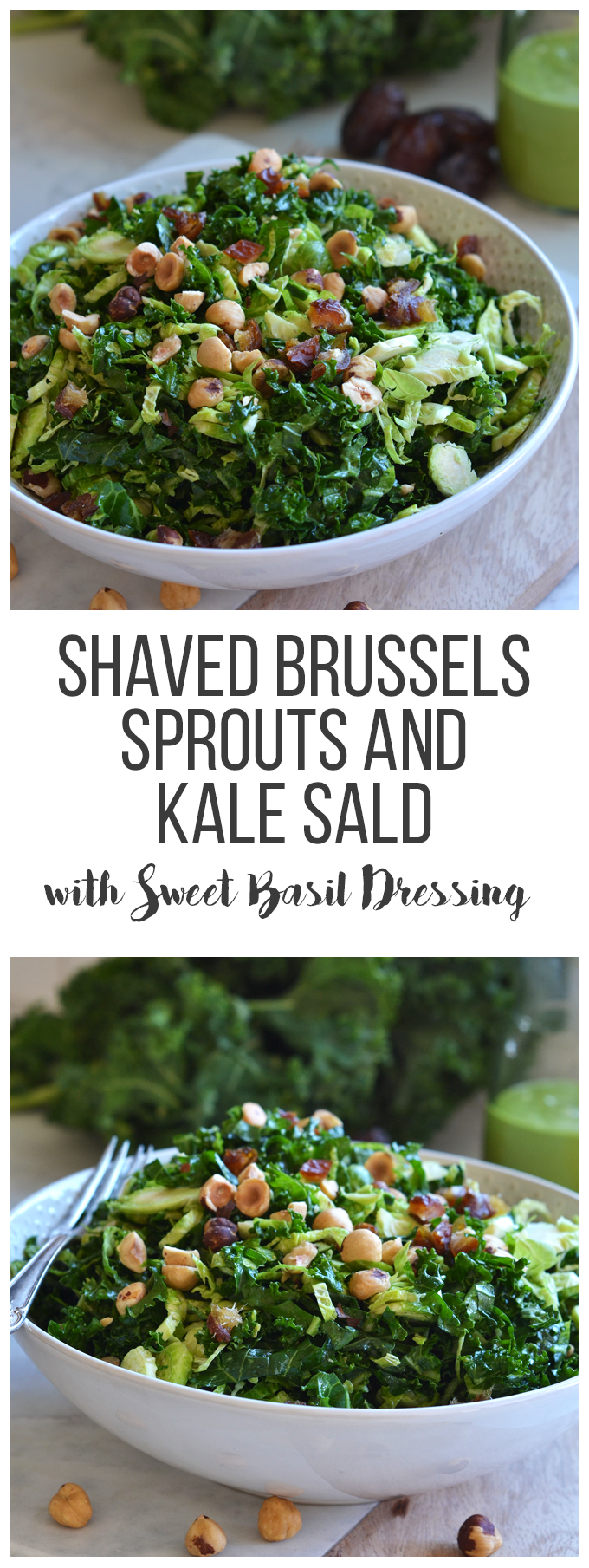 This Shaved Brussels Sprout and Kale Salad has a delicious Sweet Basil Dressing! It is a Whole30 and paleo salad for the summer!