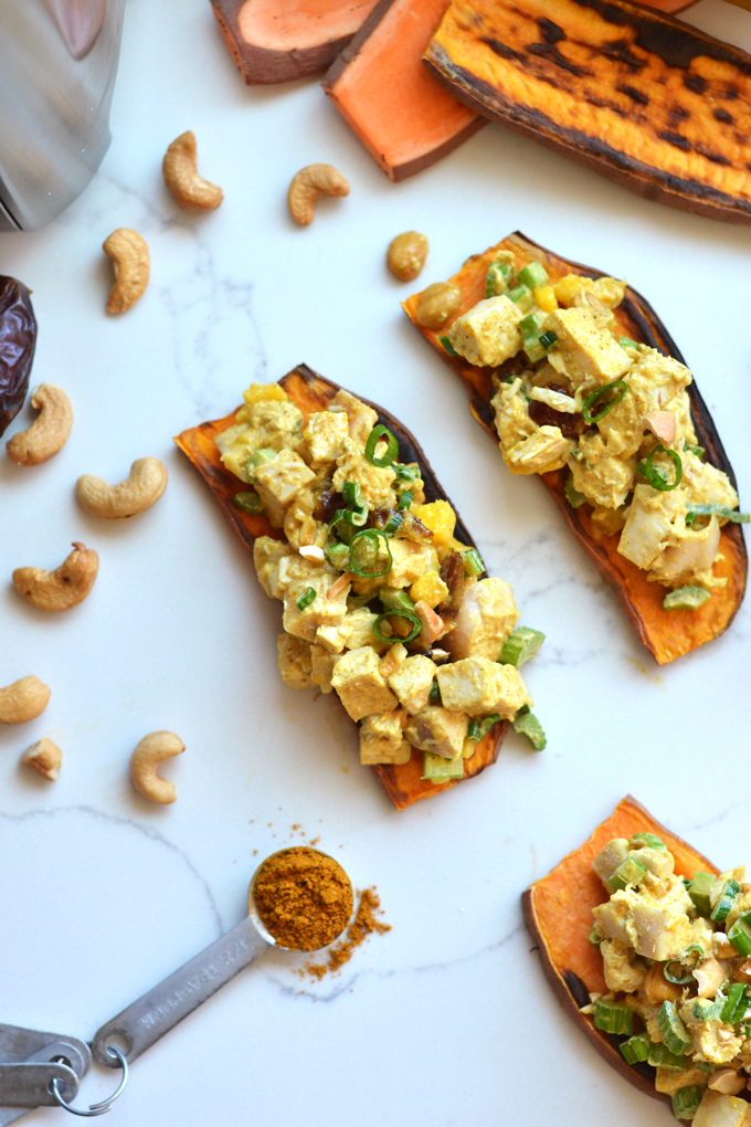 This Cashew Curry Chicken Salad on Sweet Potato Toast is a tasty Paleo and Whole30 lunch that everyone will love!