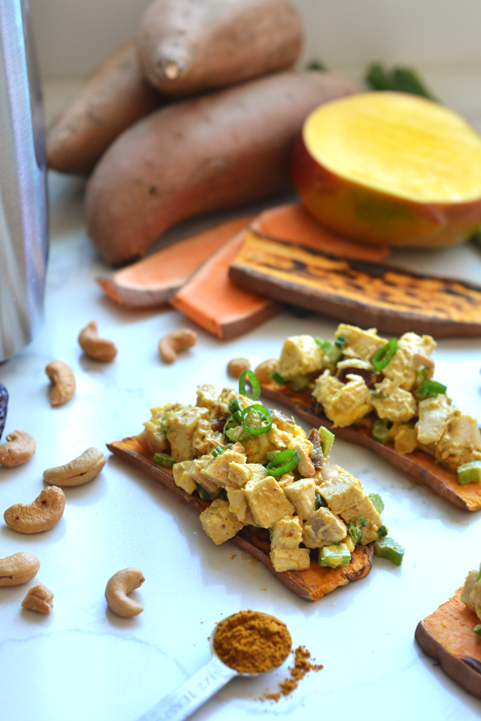 This Cashew Curry Chicken Salad on Sweet Potato Toast is a tasty Paleo and Whole30 lunch that everyone will love!